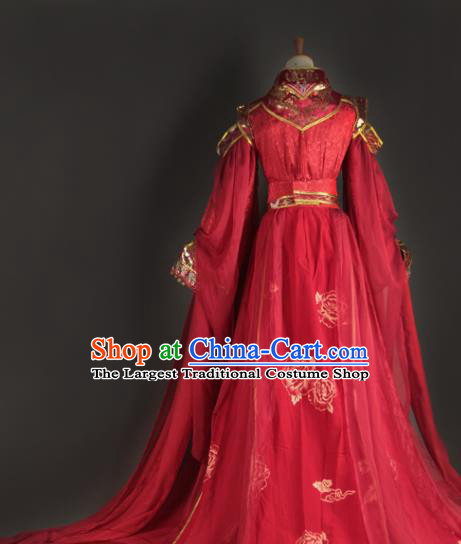 Chinese Ancient King Dong Hua Garment Costumes Cosplay Swordsman Red Hanfu Clothing Traditional Wedding Apparels