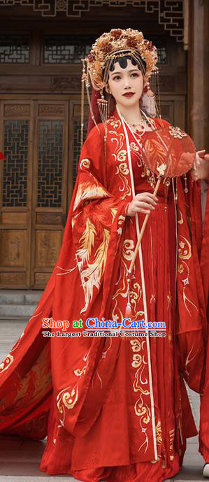 China Tang Dynasty Historical Clothing Traditional Wedding Hanfu Garments Ancient Empress Embroidered Red Dress Full Set