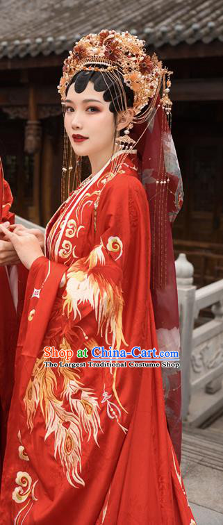 China Tang Dynasty Historical Clothing Traditional Wedding Hanfu Garments Ancient Empress Embroidered Red Dress Full Set