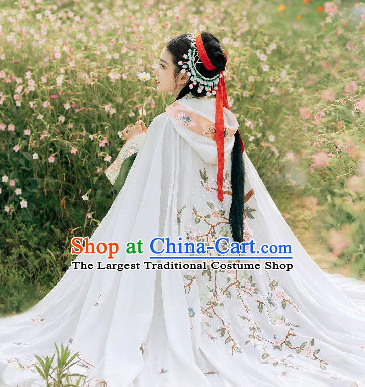 China Ancient Princess Embroidered White Cape Song Dynasty Young Beauty Historical Clothing Traditional Hanfu Cloak