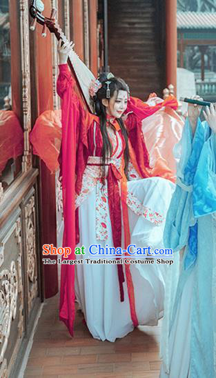 China Cosplay Swordswoman Feng Jiu Clothing Ancient Goddess Garments Traditional Qin Dynasty Young Lady Red Hanfu Dress