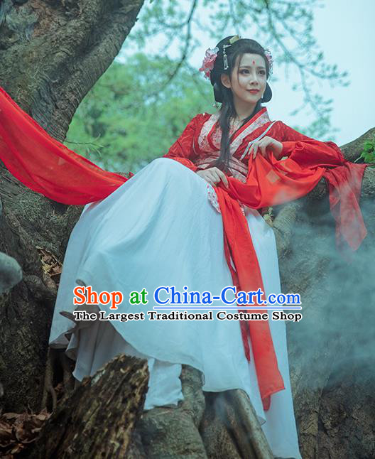 China Cosplay Swordswoman Feng Jiu Clothing Ancient Goddess Garments Traditional Qin Dynasty Young Lady Red Hanfu Dress