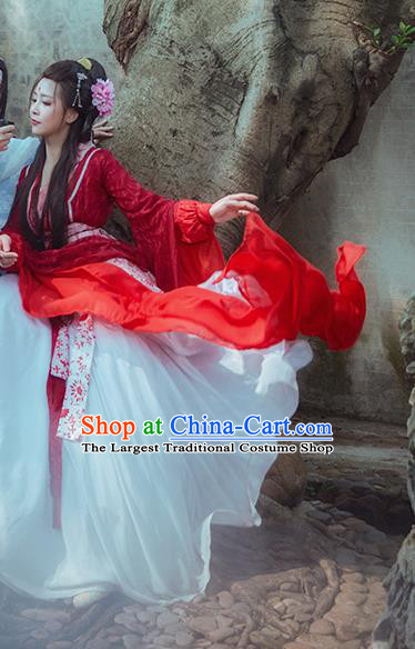 China Cosplay Swordswoman Feng Jiu Clothing Ancient Goddess Garments Traditional Qin Dynasty Young Lady Red Hanfu Dress