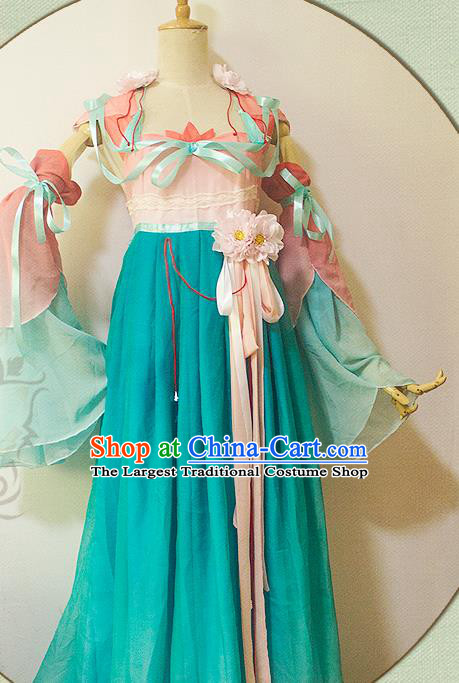 China Traditional Young Lady Blue Hanfu Dress Cosplay Swordswoman Clothing Ancient Fairy Garments