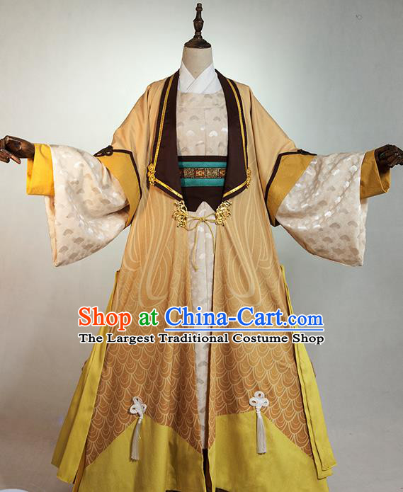 Chinese Ancient Scholar Yellow Garment Costumes Cosplay Poet Wang Wei Clothing Traditional Tang Dynasty Prince Apparels