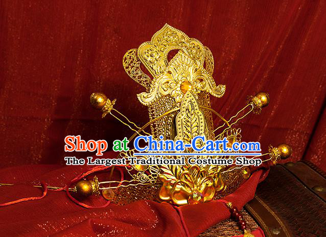 China Traditional Ancient Prince Golden Hair Crown Hairpins Heaven Official Blessing Cosplay Swordsman Xie Lian Headdress