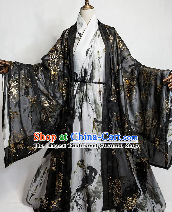 Chinese Traditional Jin Dynasty Knight Apparels Ancient Taoist Priest Garment Costumes Cosplay Swordsman Chang Geng Black Clothing