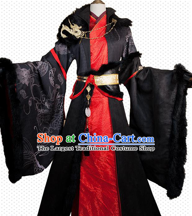 Chinese Cosplay Swordsman Black Clothing Traditional Qin Dynasty Royal Highness Apparels Ancient Emperor Garment Costumes
