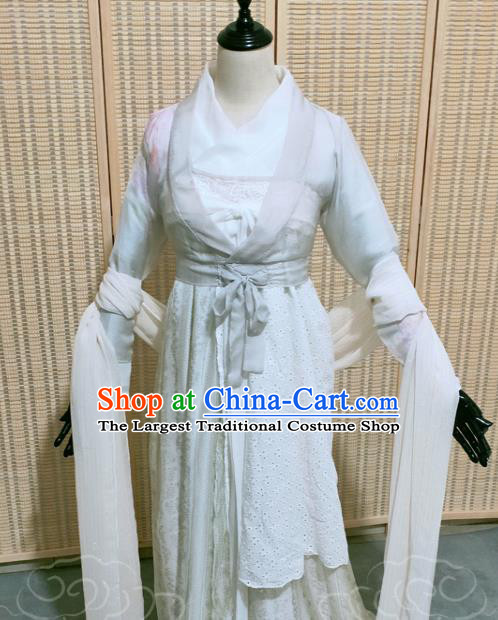 China Cosplay Drama Ghost Stories Xin Shisiniang Clothing Ancient Fox Fairy Garments Traditional Ming Dynasty Young Beauty White Hanfu Dress