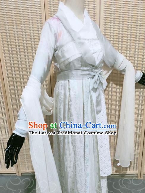 China Cosplay Drama Ghost Stories Xin Shisiniang Clothing Ancient Fox Fairy Garments Traditional Ming Dynasty Young Beauty White Hanfu Dress