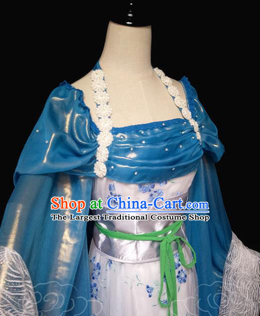 China Traditional Song Dynasty Princess Blue Hanfu Dress Cosplay Drama Seven Fairy Qing Er Clothing Ancient Goddess Garments