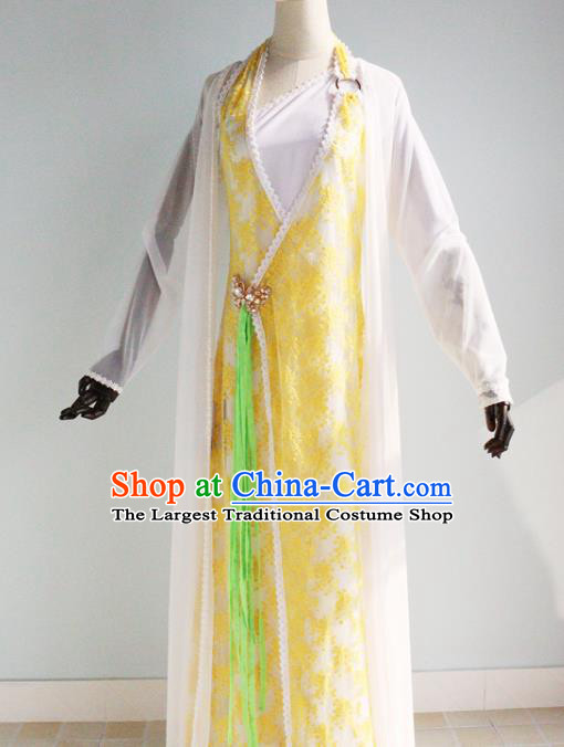 China Ancient Princess Garments Traditional Goddess Yellow Hanfu Dress Cosplay Drama Seven Fairy Huang Er Clothing