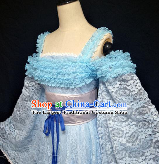 China Ancient Goddess Princess Garments Traditional Dance Blue Lace Hanfu Dress Cosplay Drama Seven Fairy Lan Er Clothing