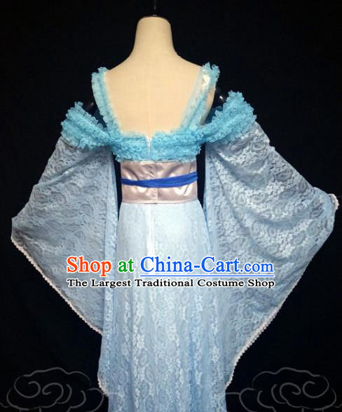 China Ancient Goddess Princess Garments Traditional Dance Blue Lace Hanfu Dress Cosplay Drama Seven Fairy Lan Er Clothing