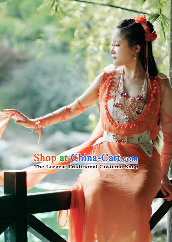 China Cosplay Drama Seven Fairy Cheng Er Clothing Ancient Goddess Princess Garments Traditional Dance Orange Hanfu Dress