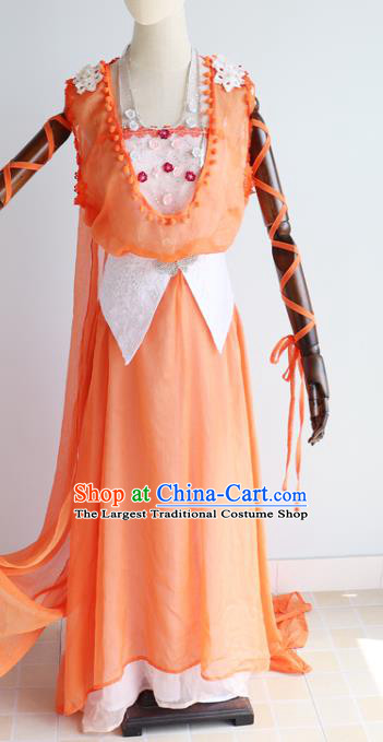 China Cosplay Drama Seven Fairy Cheng Er Clothing Ancient Goddess Princess Garments Traditional Dance Orange Hanfu Dress