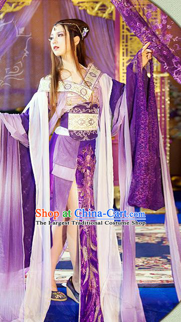 China Ancient Imperial Concubine Garments Traditional Jin Dynasty Princess Hanfu Dress Cosplay Goddess Purple Clothing