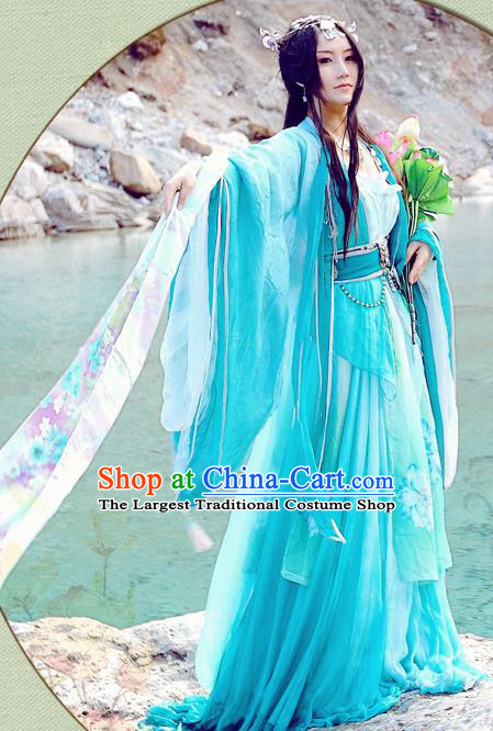 China Ancient Young Beauty Garments Traditional Song Dynasty Princess Blue Hanfu Dress Cosplay Swordswoman Clothing