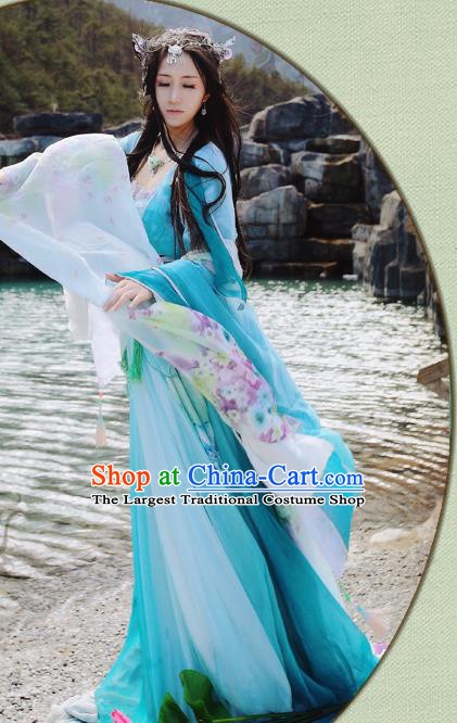 China Ancient Young Beauty Garments Traditional Song Dynasty Princess Blue Hanfu Dress Cosplay Swordswoman Clothing