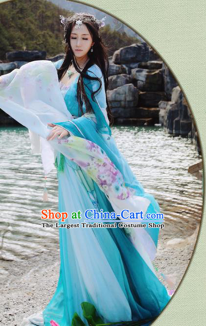 China Ancient Young Beauty Garments Traditional Song Dynasty Princess Blue Hanfu Dress Cosplay Swordswoman Clothing