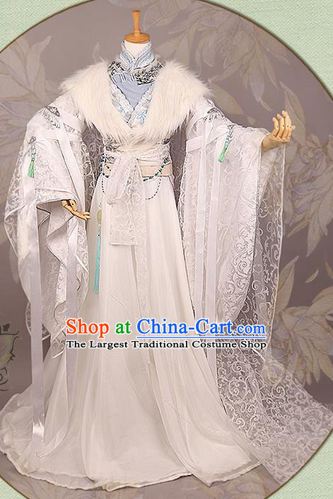 China Ancient Noble Childe Apparels Jin Dynasty Prince Garment Costumes Traditional Cosplay Swordsman White Hanfu Clothing