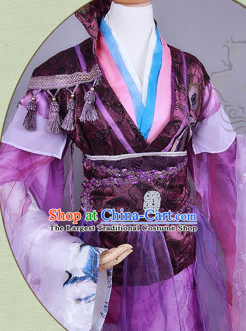 China Traditional Cosplay Swordsman Purple Hanfu Clothing Ancient Young Prince Apparels Jin Dynasty Royal Highness Garment Costumes
