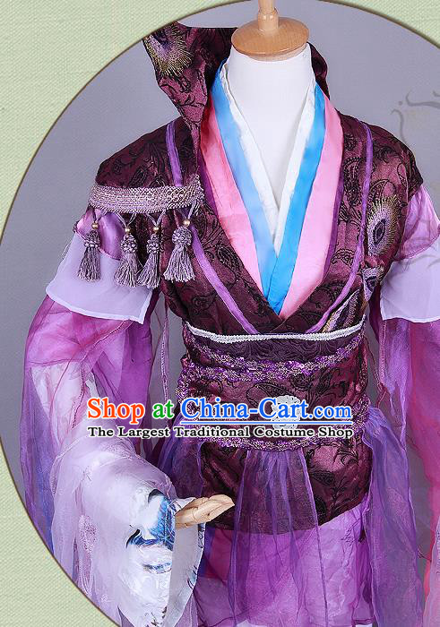 China Traditional Cosplay Swordsman Purple Hanfu Clothing Ancient Young Prince Apparels Jin Dynasty Royal Highness Garment Costumes