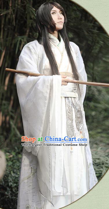 China Traditional Cosplay Immortal Su Moye White Hanfu Clothing Ancient Young Childe Apparels Qin Dynasty Prince Garment Costumes