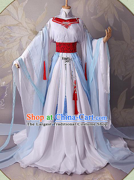 China Cosplay Swordswoman Bai Fengjiu Clothing Ancient Goddess Garments Traditional Jin Dynasty Princess White Hanfu Dress