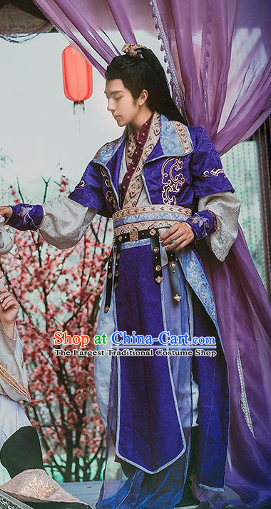 China Ancient Young Hero Apparels Jin Dynasty Childe Garment Costumes Traditional Cosplay Swordsman Purple Hanfu Clothing