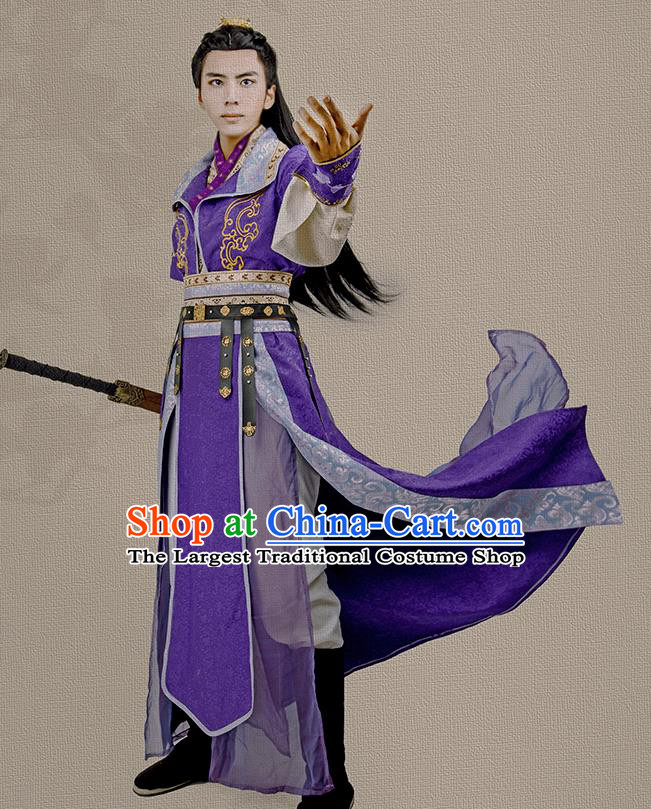 China Ancient Young Hero Apparels Jin Dynasty Childe Garment Costumes Traditional Cosplay Swordsman Purple Hanfu Clothing