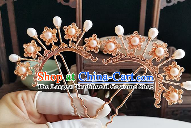 China Tang Dynasty Golden Plum Hair Comb Traditional Hanfu Hair Accessories Handmade Ancient Imperial Concubine Pearls Hairpin