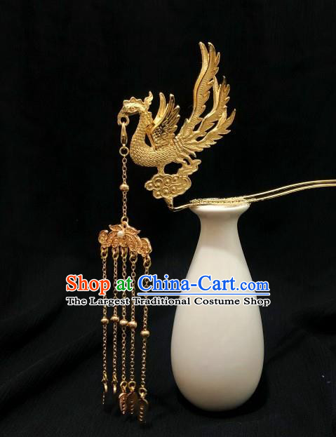 China Ming Dynasty Empress Golden Hair Stick Traditional Hanfu Hair Accessories Handmade Ancient Queen Phoenix Tassel Hairpin