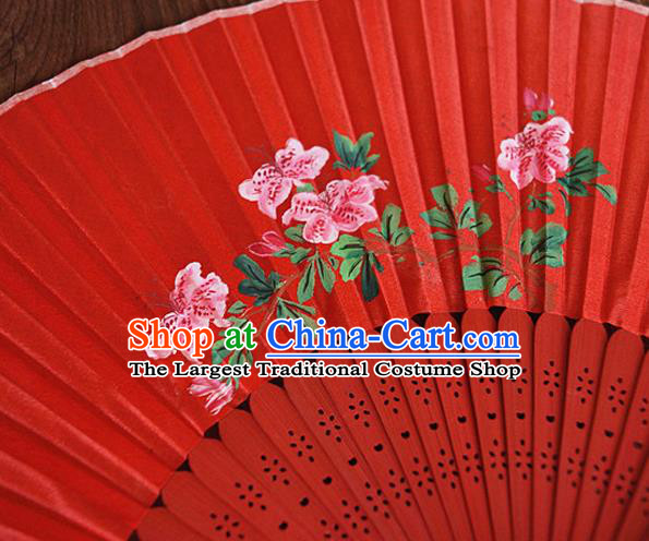 Handmade China Bamboo Fan Classical Suzhou Red Silk Accordion Printing Flowers Fan Traditional Folding Fans