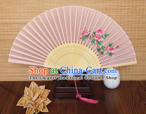 Handmade China Traditional Folding Fans Bamboo Fan Classical Suzhou Pink Silk Accordion Printing Peach Flowers Fan