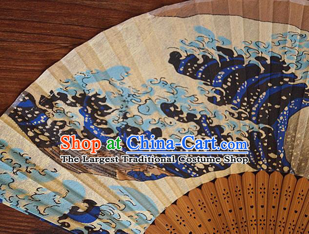 China Carving Bamboo Fan Classical Silk Accordion Handmade Printing Wave Fan Traditional Folding Fans