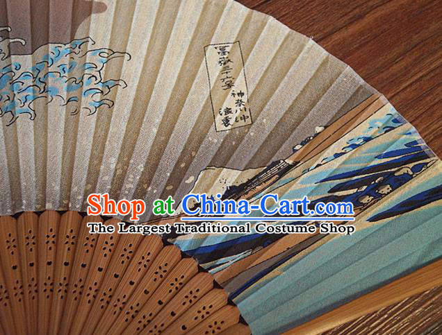 China Carving Bamboo Fan Classical Silk Accordion Handmade Printing Wave Fan Traditional Folding Fans