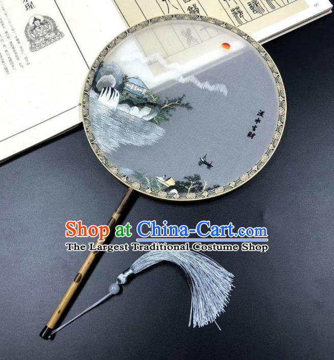 China Classical Palace Fan Handmade Double Side Suzhou Embroidered Landscape Fan Traditional Grey Silk Fans Cheongsam Dance Circular Fan