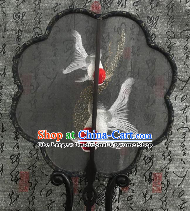China Classical Double Side Palace Fan Handmade Suzhou Embroidered Gildfish Fan Traditional Black Silk Fans Hanfu Dance Fan