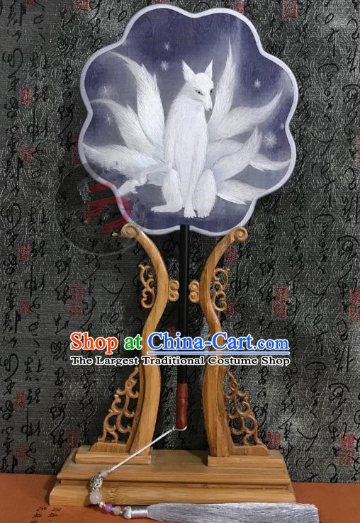 China Traditional Purple Silk Fans Cheongsam Dance Fan Classical Palace Fan Handmade Double Side Suzhou Embroidered Nine Tails Fox Fan