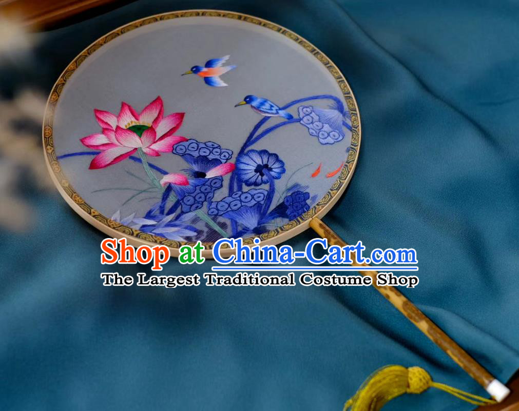 China Traditional Song Dynasty Silk Fans Handmade Hanfu Circular Fan Classical Palace Fan Suzhou Embroidered Lotus Double Side Fan
