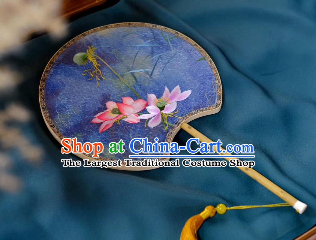 China Classical Palace Fan Double Side Suzhou Embroidered Lotus Fan Traditional Song Dynasty Princess Fans Handmade Hanfu Blue Silk Fan