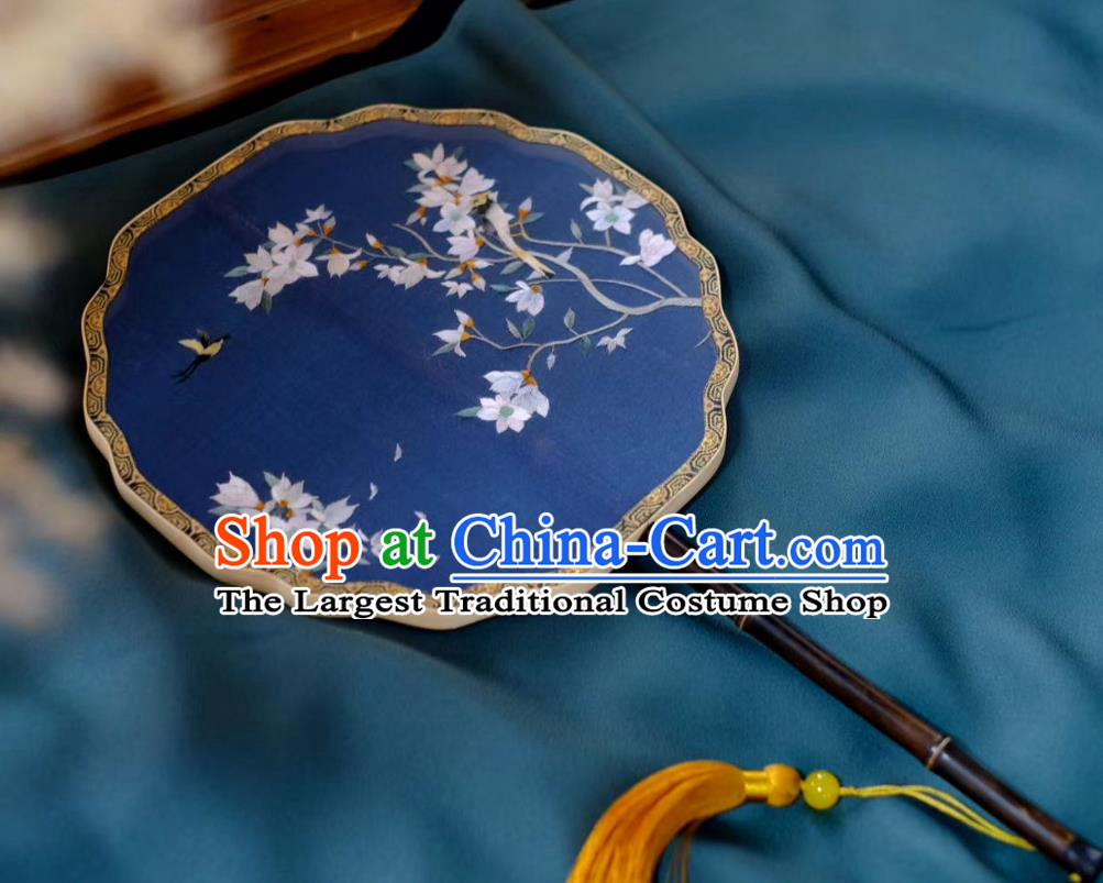 China Double Side Suzhou Embroidered Mangnolia Fan Handmade Song Dynasty Princess Fans Traditional Hanfu Blue Silk Fan Classical Palace Fan