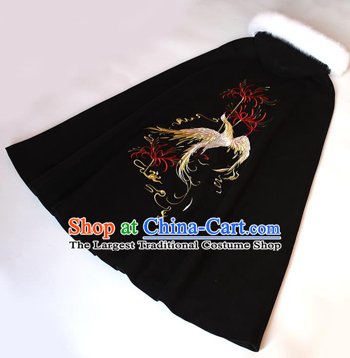 China Ancient Young Woman Embroidered Cloak Apparel Ming Dynasty Noble Lady Historical Clothing Traditional Hanfu Black Cape Garment