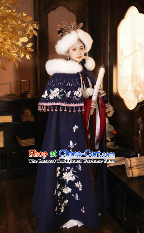 China Traditional Hanfu Navy Cape Garment Ancient Imperial Concubine Embroidered Cloak Ming Dynasty Court Woman Historical Clothing