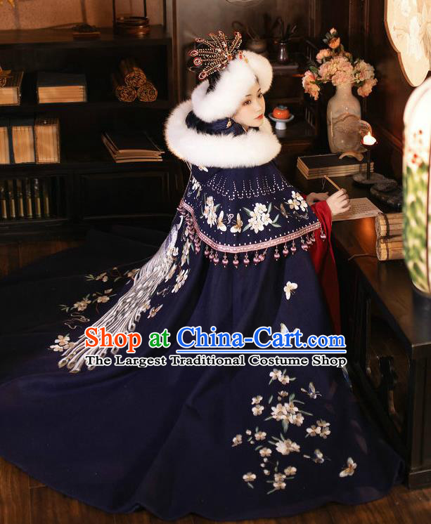 China Traditional Hanfu Navy Cape Garment Ancient Imperial Concubine Embroidered Cloak Ming Dynasty Court Woman Historical Clothing