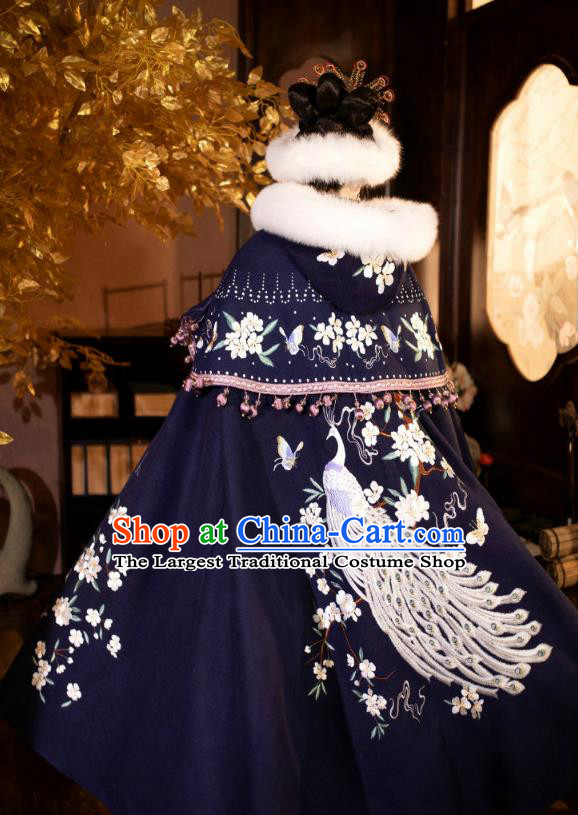 China Traditional Hanfu Navy Cape Garment Ancient Imperial Concubine Embroidered Cloak Ming Dynasty Court Woman Historical Clothing