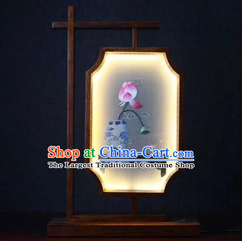 Chinese Embroidered Lotus Table Screen Suzhou Embroidery Craft Desk Lamp Handmade LED Lantern