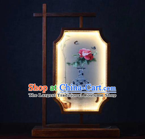Chinese Handmade Desk Lamp LED Lantern Embroidered Peony Butterfly Table Screen Suzhou Embroidery Craft