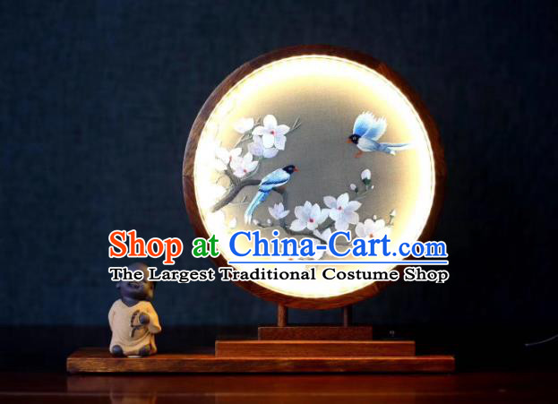 Chinese Embroidered Mangnolia Table Screen Suzhou Double Side Embroidery Craft Desk Lantern Handmade LED Lamp